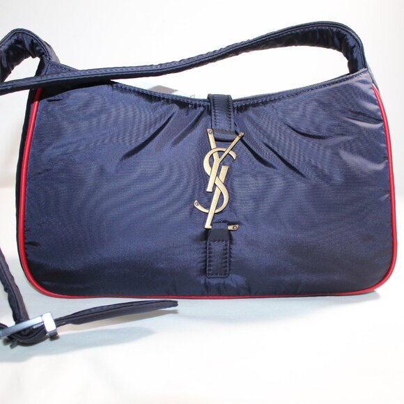 NWOT Saint Laurent Nylon Le 5 A 7 Hobo Shoulder Crossbody Bag Handbag Blue YSL - Picture 1 of 11
